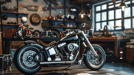 Obraz premium Custom Motorcycle Designer's Workshop Blank Business Cards Sketches Leather Seats and Chrome Parts Creative Workspace for Motorcycle Enthusiasts and Designers
