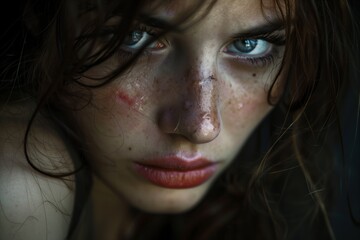 Fototapeta premium Close-up of a young brown-haired Caucasian woman with bumps and bruises on her face, sad. Concept of gender violence