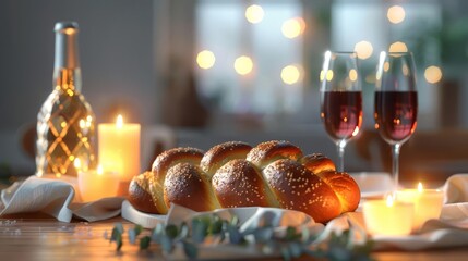 Elegant Shabbat scene, challah bread with wine and candles, CG 3D rendering, side angle view, clear copyspace above elements, top view presentation, harmonious and warm light