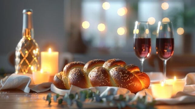 Elegant Shabbat scene, challah bread with wine and candles, CG 3D rendering, side angle view, clear copyspace above elements, top view presentation, harmonious and warm light