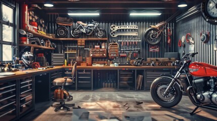 Naklejka premium Custom Motorcycle Workshop Crafting Bespoke Bikes with Leather Seats and Tools Business Cards Ready for Your Branding