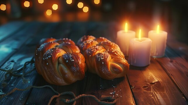 Intricate CG 3D rendering of a low-angle sabbath scene, detailed challah bread with glowing candles on a textured wooden table, plenty of copyspace for text overlays