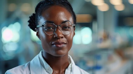 Fototapeta premium A young African-American female scientist wearing a lab coat and glasses smiles confidently at the camera. She is standing in a modern laboratory with a bright, blurred background.