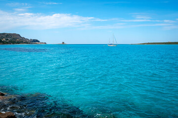 View of the sea clearwaters in the bay of Stintino (Sassari Province, Sardinia Island, Italy), a well-known tourist resort in northern Sardinia.