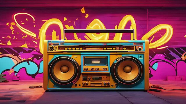 a boombox radio cassette tape recorder set against a vibrant graffiti wall art backdrop, capturing the essence of urban culture and retro music vibes
