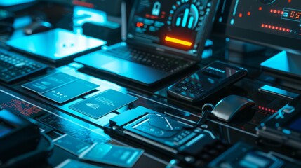 Obraz premium Secure and Professional Cybersecurity Specialist's Desk with Encrypted Hard Drives Business Cards and Digital Lock Interfaces Technology and Business Concept