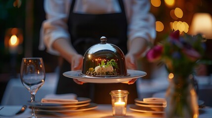 Obraz premium Elegant dining setup with a cloche-covered plate being served, surrounded by candlelight and fine tableware in a cozy, intimate ambiance.