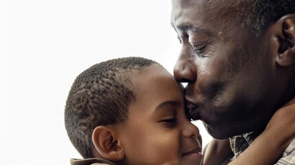 Fototapeta premium Worms-eye view, African American boy kissing his father, isolated on a pure white background, photorealistic detail, warm and intimate moment, high resolution