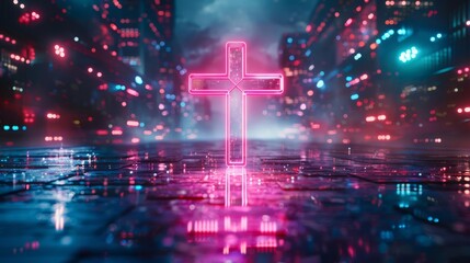 Fototapeta premium Glowing neon cross in futuristic cyberpunk cityscape at night, with misty atmosphere and colorful reflections.