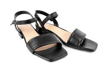 Black leather sandals. Stylish elegant trendy designer fashionable leather women's sandals shoes isolated. A pair of women's sandals isolated on a white background.	
