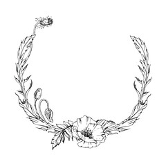 Hand drawn vector graphic botanical illustration flowers leaves. Red poppy papaver, stems buds seedpods. Wreath frame isolated white background. Design wedding, love cards, remembrance day stationery