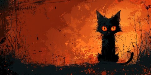 Spooky Halloween illustration with black cat and text space, perfect for festive designs