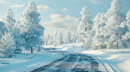 A picturesque snowy road winding through a winter forest with snow-covered trees and a bright sky, creating a serene winter scene. Snowy Road Through Winter Forest

