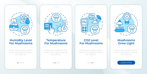 Naklejka premium Mushroom growing conditions blue onboarding mobile app screen. Walkthrough 4 steps editable graphic instructions with linear concepts. UI, UX, GUI template. Montserrat SemiBold, Regular fonts used