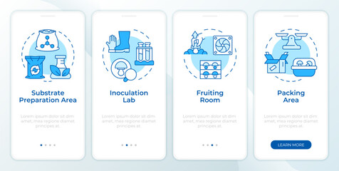 Mushroom farm parts blue onboarding mobile app screen. Walkthrough 4 steps editable graphic instructions with linear concepts. UI, UX, GUI template. Montserrat SemiBold, Regular fonts used