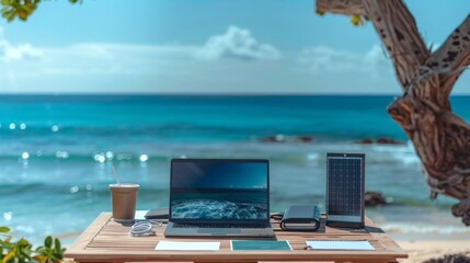 Obraz premium Remote Work Paradise Laptop Solar Charger and Business Cards on Beach with Stunning Ocean View Digital Nomad Dream Setup