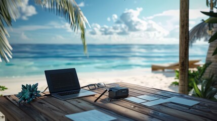 Remote Work Paradise Laptop Solar Charger and Business Cards on Beach with Stunning Ocean View Digital Nomad Dream Setup