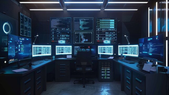 Digital Fortress Cyber Security Expert's Command Center with Multiple Monitors Secure Servers and Blank Business Cards Technology Data Protection Network Security Concept