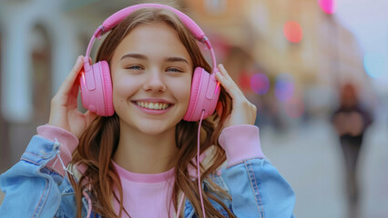 Joyful Teen Girl with Pink Headphones Smiling and Listening to Music in a Bustling City Street