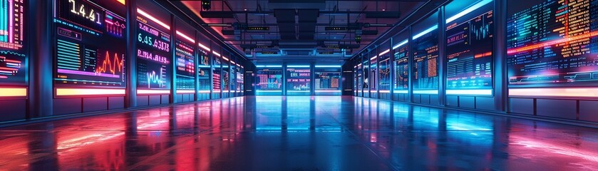 Fototapeta premium Trading floor with neon screens and data, vibrant hues, digital illustration, hightech atmosphere, detailed elements 8K , high-resolution, ultra HD,up32K HD