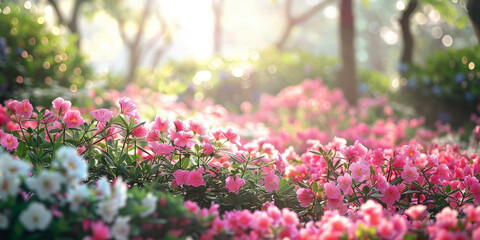 Obraz premium Beautiful pink flowers blooming in a sunlit garden, capturing the essence of spring with vibrant colors and a serene atmosphere, showcasing the natural beauty of the floral landscape..