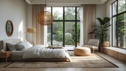 Bed room interior design with king size bed, center carpet, wooden floor and large windows. Created with Ai