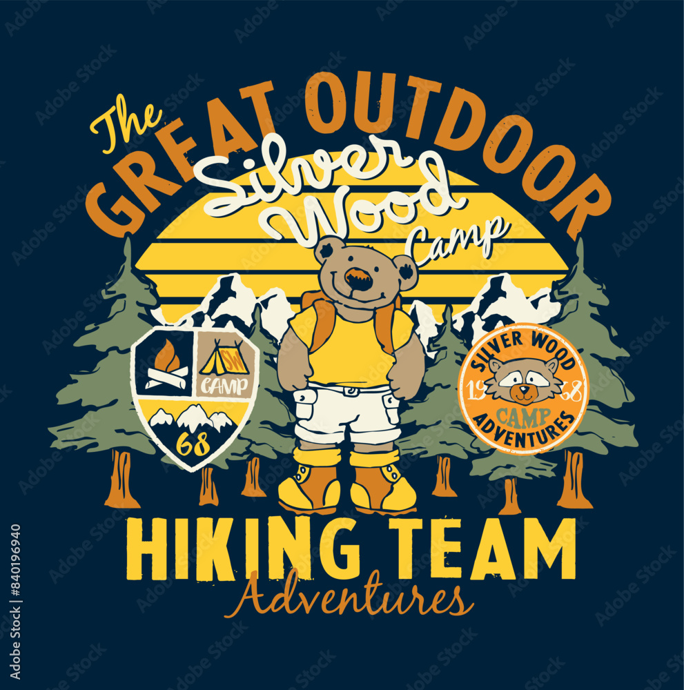 Wall mural The great outdoor cute cartoon bear hiking team vector print for children kid wear t shirt with vintage embroidery patches applique