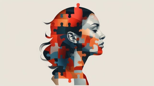 Illustration of a woman's face fragmented into puzzle pieces, in a minimal style