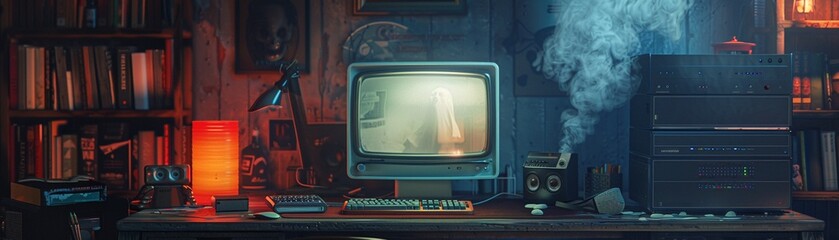 Haunted computer setup with ghost on screen, muted colors, digital art, spooky setting, detailed vintage tech 8K , high-resolution, ultra HD,up32K HD