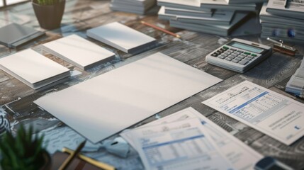 Strategic Financial Planning Professional Desk Setup with Calculator Business Cards and Financial Newspapers Concept of Analysis Investment and Success in Business