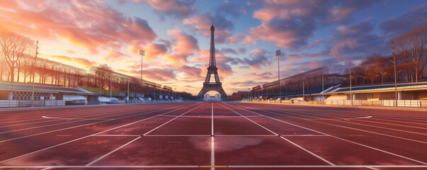 Athletics track in front of Eiffel Tower on Olympic 2024 games 2024 stadium