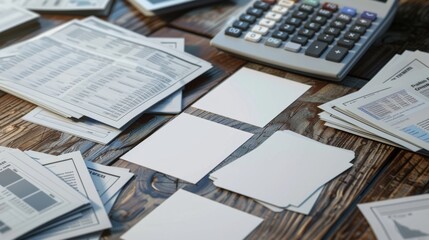 Obraz premium Strategic Financial Planning Professional Desk Setup with Calculator Business Cards and Financial Newspapers Concept of Analysis Investment and Success in Business