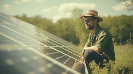 A man wearing a hat and sunglasses sits in front of a solar panel.