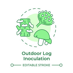 Outdoor log inoculation soft green concept icon. Seasonal mushroom farming. Fungiculture. Mushroom cultivation. Round shape line illustration. Abstract idea. Graphic design. Easy to use in article