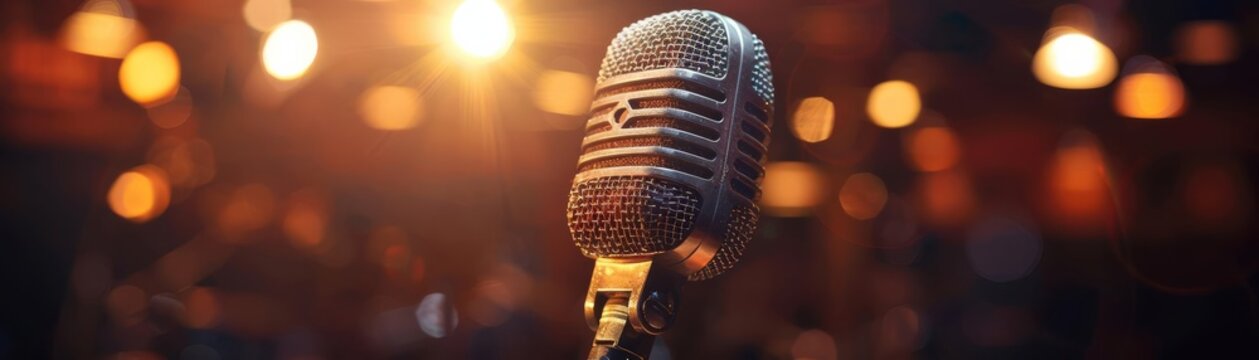 An oldschool microphone on stage, spotlighted by soft, glowing lights, invoking the spirit of historic musical performances