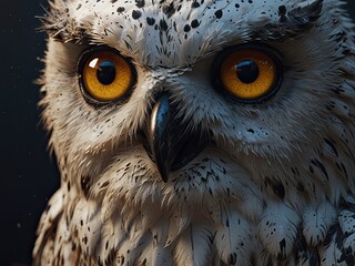 Close-up portrait of a snowy owl, a majestic white raptor with piercing yellow eyes