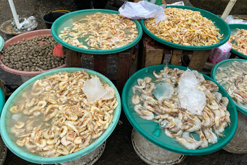 shrimp and other sea food sold in indonesian traditional market