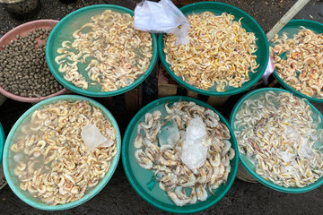shrimp and other sea food sold in indonesian traditional market