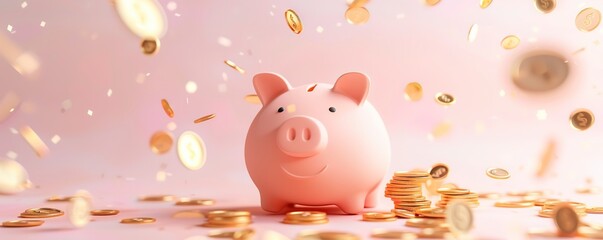 Cute 3D Piggy Bank with Golden Coins, Symbol of Savings and Financial Growth, Ideal for Illustrations on Finance, Economy, and Money Management