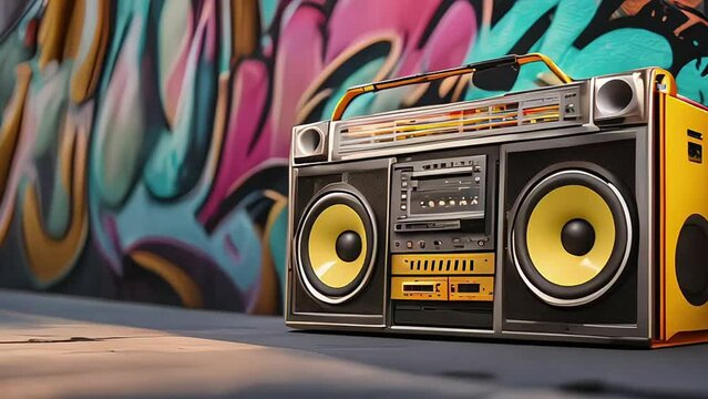 a boombox radio cassette tape recorder set against a vibrant graffiti wall art backdrop, capturing the essence of urban culture and retro music vibes
