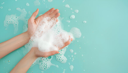 Fototapeta premium Hands in soap foam on light blue background