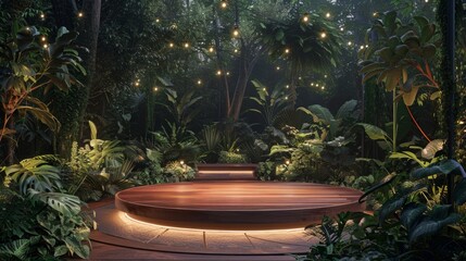 Enchanting Outdoor Cinema Wooden Seating Circle Surrounded by Lush Foliage and Ambient Garden Lighting