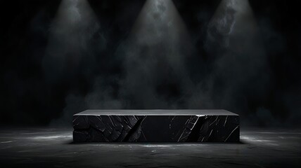 A sleek black marble platform is surrounded by swirls of smoke, creating a mysterious ambiance