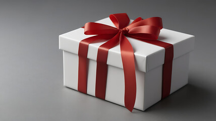 Fototapeta premium A close up of a blank white gift box with a red ribbon tied on it in an isolated grey background with copy space, conceptual, minimal 