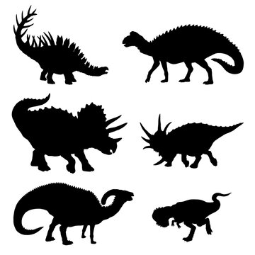 Black silhouette of herbivorous dinosaurs. Edmontosaurus, Styracosaurus, Triceratops, Kentrosaurus, Pachycephalosaur und Parasaurolophus. 