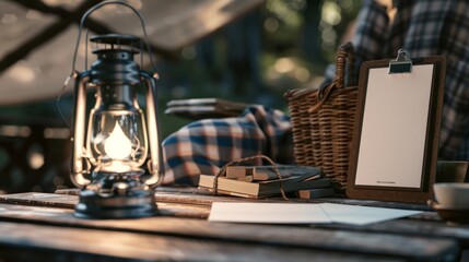 Luxury Glamping Experience Reservation Desk with Customizable Business Cards Elegant Camping Brochures and Warm Lantern Glow