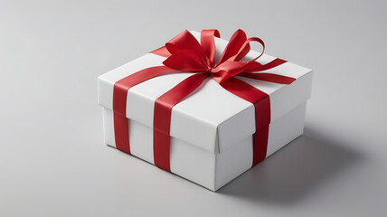 Obraz premium A close up of a blank white gift box with a red ribbon tied on it in an isolated grey background with copy space, conceptual, minimal 