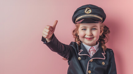 Obraz premium Portrait photography of a cute little professional, smiling cute little pilot, showing thumb-up, on pastel color background