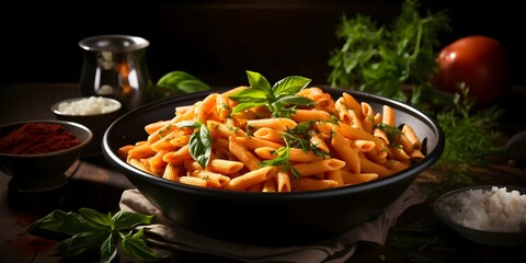 Isolated image of Penne alla Vodka pasta in creamy tomato sauce. Concept Italian Cuisine, Pasta Dishes, Food Photography, Comfort Food