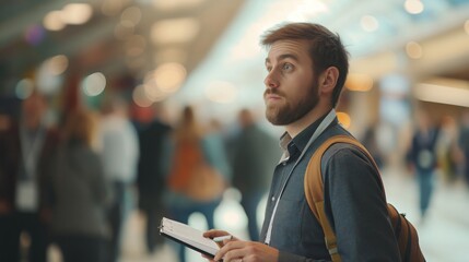 A person attending a business seminar at a convention center, taking notes.